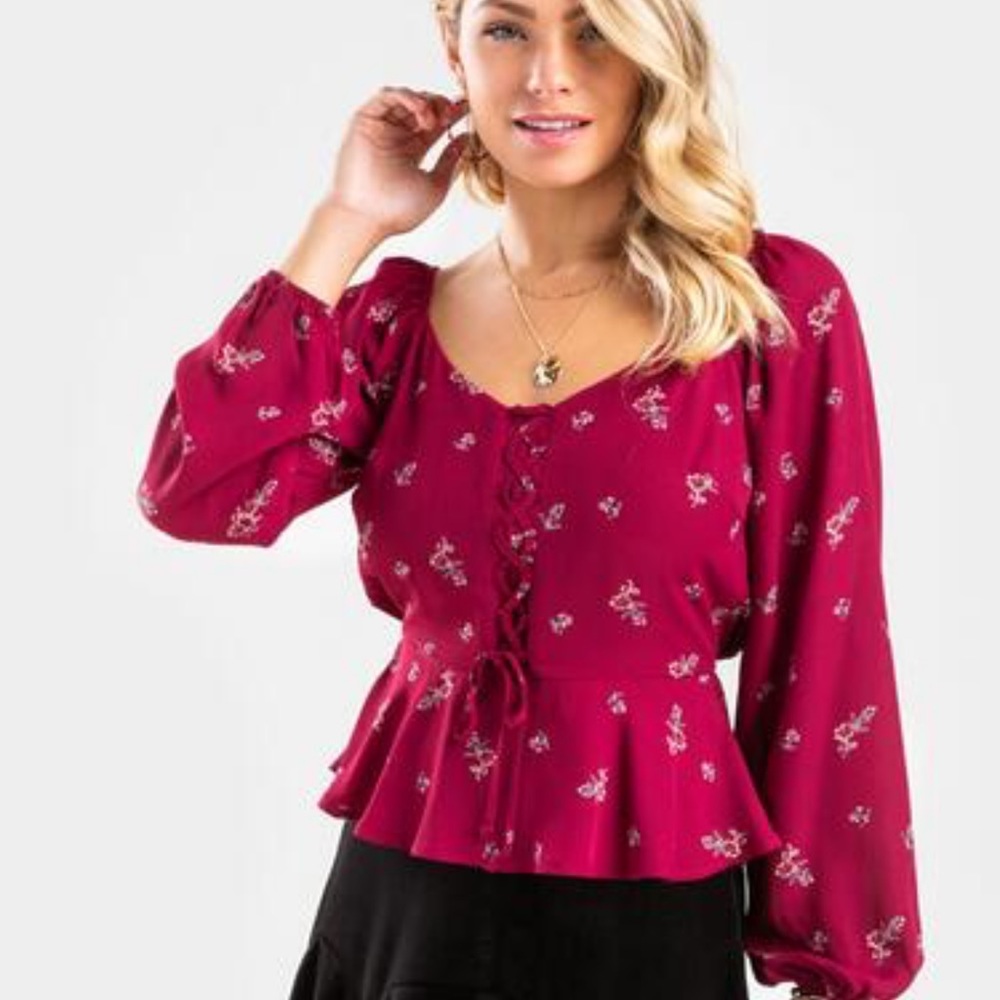 Francesca’s | Floral Lace-up Peplum Blouse